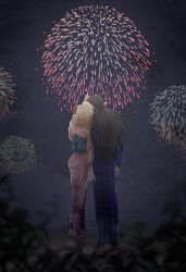 1boy 1girl antenna_hair blonde_hair blurry brown_hair can25orp commentary_request couple depth_of_field dragon_quest dragon_quest_builders_2 female_builder_(dqb2) fireworks floral_print floral_print_kimono flower from_behind hair_flower hair_ornament hand_fan hetero highres holding holding_fan holding_hands japanese_clothes kimono long_hair low_ponytail night night_sky pink_kimono pointing pointy_ears sandals sidoh_(dqb2) sky spiked_hair summer_festival very_long_hair yukata