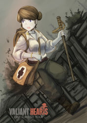 Rule 34 | 1girl, anna (valiant hearts), backpack, bag, between breasts, bracelet, breasts, copyright name, erica (naze1940), explosion, freckles, helmet, highres, jewelry, medic, necklace, open mouth, pale skin, pants, purple eyes, running, shirt, solo, stopwatch, trench, ubisoft, valiant hearts: the great war, cane, watch, world war i