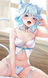 Rule 34 | 1girl, animal ear fluff, animal ears, arm support, babydoll, bare arms, bare shoulders, blue eyes, blue hair, blue nails, blush, cat ears, cat tail, commentary, curtains, furina (genshin impact), genshin impact, hair intakes, highres, kemonomimi mode, looking at viewer, nail polish, navel, open mouth, panties, short hair, solo, spaghetti strap, stomach, tail, thigh strap, thighs, underwear, white-paka, white panties