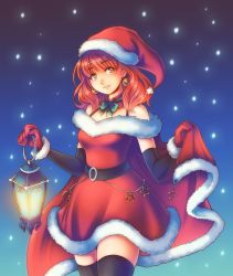 Rule 34 | 1girl, belt, cape, celica (fire emblem), dress, earrings, fire emblem, fire emblem echoes: shadows of valentia, fire emblem heroes, highres, holding, holding cape, holding clothes, jewelry, lamp, nintendo, red cape, red eyes, red hair, santa costume, santa dress, snowcarnival, solo, thighhighs