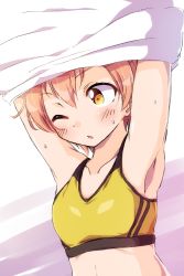 Rule 34 | 1girl, armpits, arms up, blush, collarbone, commentary request, highres, hoshizora rin, love live!, love live! school idol project, one eye closed, open mouth, orange hair, sen (sen0910), shirt, short hair, solo, sports bra, sweat, undressing, upper body, white shirt, yellow eyes, yellow sports bra
