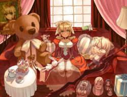 Rule 34 | 10s, 1girl, aestus estus, bersercar, bow, cake, couch, cup, easel, elesia, epaulettes, fate/extra, fate/stay night, fate (series), food, hair bow, hair intakes, heracles (fate), illyasviel von einzbern, michael roa valdamjong, muffin, neco-arc, nero claudius (fate), nero claudius (fate), nero claudius (fate/extra), red upholstery, sasaki shounen, solo, stuffed animal, stuffed toy, sword, tablecloth, teacup, teddy bear, tiered serving stand, tiered tray, weapon