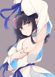 Rule 34 | 1girl, arm up, armpits, bare shoulders, black hair, blue eyes, blue ribbon, blush, breasts, dress, fate/grand order, fate/requiem, fate (series), grey background, highres, kurikara, large breasts, long sleeves, looking at viewer, magatama, medium hair, multicolored hair, pink hair, pout, presenting armpit, puffy cheeks, puffy long sleeves, puffy sleeves, ribbon, seigaiha, sideboob, sidelocks, simple background, solo, streaked hair, two-sided fabric, two-sided skirt, utsumi erice, white dress