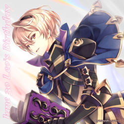 Rule 34 | 1boy, armor, artist name, blonde hair, book, capelet, character name, dated, fire emblem, fire emblem fates, happy birthday, holding, holding book, holding weapon, leo (fire emblem), male focus, nintendo, red eyes, shuri yasuyuki, solo, teeth, weapon