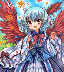 Rule 34 | 1girl, :d, bird wings, black bow, black skirt, blue hair, blue ribbon, blue shirt, blue sky, blush, book, bow, bowtie, cowboy shot, day, fang, feathered wings, flower, frilled shirt collar, frills, hand up, head wings, holding, holding book, horns, light blue hair, long sleeves, looking at viewer, marker (medium), medium hair, open mouth, orange flower, outdoors, petals, red bow, red bowtie, red eyes, red ribbon, red wings, ribbon, rui (sugar3), sample watermark, shirt, single head wing, skirt, sky, sleeves past wrists, smile, solo, spread wings, standing, tokiko (touhou), touhou, traditional media, watermark, white sleeves, wide sleeves, wings
