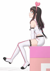 Rule 34 | 1girl, anarchojs, bare shoulders, blue eyes, boots, breasts, brown hair, commentary request, detached sleeves, hairband, highres, kizuna ai, kizuna ai inc., long hair, looking up, medium breasts, multicolored hair, pink hair, pink hairband, short shorts, shorts, simple background, sitting, smile, solo, streaked hair, thigh boots, thighhighs, two-tone hair, virtual youtuber, white background, white footwear, white shorts, white thighhighs