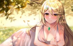 Rule 34 | 1girl, absurdres, alternate costume, asada sadao, blonde hair, breasts, chest jewel, cleavage, highres, large breasts, long hair, mythra (xenoblade), solo, swept bangs, very long hair, xenoblade chronicles (series), xenoblade chronicles 2, yellow eyes
