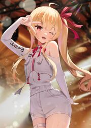 Rule 34 | 1girl, ;d, ahoge, arm up, bare shoulders, beamed eighth notes, blonde hair, blush, cowboy shot, eighth note, hair ribbon, highres, hololive, hololive dev is, lens flare, long hair, long sleeves, looking at viewer, musical note, one eye closed, open mouth, otonose kanade, red eyes, red ribbon, ribbon, shinka (yonkun121), shorts, side ponytail, sidelocks, smile, solo, spoken musical note, thigh strap, v over eye, virtual youtuber, white shorts