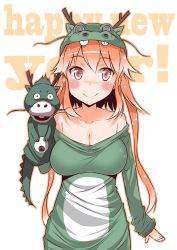 Rule 34 | 1girl, bare shoulders, blush, breasts, cleavage, costume, dragon, eba, english text, green shirt, hand puppet, happy new year, hat, large breasts, long hair, new year, original, puppet, shirt, smile, solo, standing, sweater
