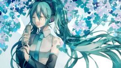 Rule 34 | 1girl, bad id, bad pixiv id, detached sleeves, closed eyes, green hair, hatsune miku, long hair, microphone, necktie, open mouth, solo, tears, tsukioka tsukiho, twintails, very long hair, vocaloid