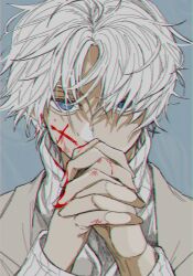 Rule 34 | 1boy, blood, blood on clothes, blood on face, blood on hands, blue eyes, closed mouth, covering own mouth, grey background, hayakuneru (hyn sk ), highres, jacket, looking at viewer, male focus, own hands together, parted bangs, sakamoto days, short hair, simple background, solo, suit jacket, turtleneck, uzuki (sakamoto days), white hair, white jacket