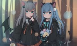 Rule 34 | 2019, 2girls, :t, amashiro natsuki, animal ears, bad id, bad pixiv id, black bow, black dress, blue eyes, blue hair, blush, bow, candy, cat ears, cat girl, cat tail, closed mouth, commentary request, demon girl, demon horns, demon wings, dress, eating, eyebrows hidden by hair, food, frilled dress, frills, hair between eyes, hair ornament, hairclip, halloween, halloween bucket, highres, holding, holding candy, holding food, holding lollipop, hood, hood down, hooded dress, horns, lollipop, long hair, long sleeves, looking at viewer, multiple girls, nachoneko, nekoha shizuku, one side up, original, sleeves past wrists, swirl lollipop, tail, very long hair, wavy mouth, wide sleeves, wings