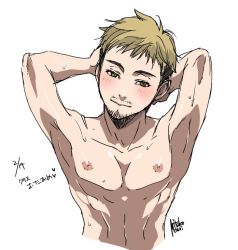 Rule 34 | 1boy, arms behind head, blonde hair, christophe giacometti, cropped torso, dated, facial hair, green eyes, male focus, mouri, nipples, topless male, smile, toned, toned male, yuri!!! on ice