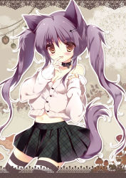Rule 34 | 1girl, :d, ahoge, animal ears, bare shoulders, black collar, black skirt, blush, border, breasts, brown eyes, cardigan, cleavage, collar, cowboy shot, dog ears, dog girl, dog tail, fang, finger to mouth, grey cardigan, hair between eyes, hands up, highres, lace, lace border, long hair, long sleeves, looking at viewer, medium breasts, mushroom, navel, no bra, off shoulder, open mouth, original, ornate border, plaid, plaid skirt, pleated skirt, purple hair, shiratama (shiratamaco), sidelocks, skirt, sleeves past wrists, smile, solo, striped clothes, striped thighhighs, tail, thighhighs, twintails, very long hair
