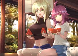 Rule 34 | 2girls, artist name, artist request, bare legs, bare shoulders, black shirt, blonde hair, blue shorts, blue skirt, blunt bangs, blush, bottle, branch, breasts, brown eyes, female focus, food, fruit, high ponytail, highres, holding, holding food, holding watermelon, large breasts, looking at viewer, love live!, love live! nijigasaki high school idol club, miniskirt, miyashita ai, multiple girls, outdoors, parted lips, pink hair, plaid, plaid skirt, pleated, pleated skirt, ponytail, shirt, short hair, short shorts, short sleeves, shorts, sitting, skirt, sleeveless, sleeveless shirt, small breasts, smile, tennoji rina, tree, water bottle, watermelon, watermelon slice, white shirt, yellow eyes