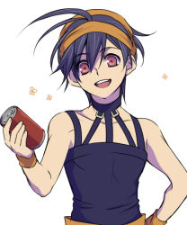 Rule 34 | 1boy, belt, black hair, can, choker, drink can, flower, hand on own hip, headband, jojo no kimyou na bouken, kanikame, male focus, narancia ghirga, open mouth, purple eyes, short hair, simple background, smile, soda can, solo, white background