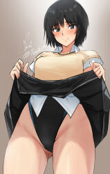 Rule 34 | 1girl, amagami, black hair, black one-piece swimsuit, black skirt, blush, bob cut, brown background, brown eyes, brown sweater vest, closed mouth, clothes lift, commentary, competition swimsuit, gluteal fold, highleg, highleg swimsuit, highres, kibito high school uniform, lifted by self, looking at viewer, nanasaki ai, one-piece swimsuit, raised eyebrows, revision, school uniform, shirt, short hair, short sleeves, signature, simple background, skirt, skirt lift, smile, solo, split mouth, sweatdrop, sweater vest, swimsuit, swimsuit under clothes, twitter username, white shirt, yoo tenchi
