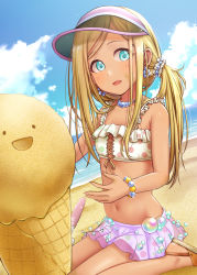 Rule 34 | 1girl, absurdres, beach, bead bracelet, bead necklace, beads, bikini, blonde hair, blue eyes, bracelet, chiyosuke (nosuke21), dark-skinned female, dark skin, day, dirty, food, frilled bikini, frills, front-tie bikini top, front-tie top, hair ornament, hair scrunchie, highres, ice cream, ice cream cone, idolmaster, idolmaster cinderella girls, idolmaster cinderella girls starlight stage, jewelry, layla (idolmaster), long hair, looking at viewer, navel, necklace, ocean, open mouth, outdoors, sand, sand sculpture, sandals, scrunchie, sitting, smile, solo, swept bangs, swimsuit, twintails, visor cap, wariza