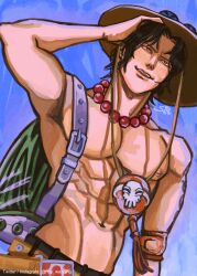 Rule 34 | 1boy, abs, absurdres, armband, artist name, bead necklace, beads, black hair, commentary, cowboy hat, freckles, hand in own hair, hat, highres, instagram username, jewelry, male focus, necklace, one piece, open mouth, portgas d. ace, short hair, signature, smile, sol (http wanning), solo, teeth, topless male
