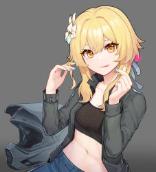 Rule 34 | 1girl, :q, absurdres, black shirt, blonde hair, blue nails, blue pants, breasts, closed mouth, collarbone, cowboy shot, crop top, denim, finger heart, flower, genshin impact, grey background, grey jacket, hair flower, hair ornament, hands up, heart, highres, jacket, long sleeves, looking at viewer, lumine (genshin impact), midriff, nail polish, navel, open clothes, open jacket, orange eyes, pants, ribbed shirt, shiliuyexiaohei, shirt, short hair with long locks, simple background, small breasts, solo, tongue, tongue out