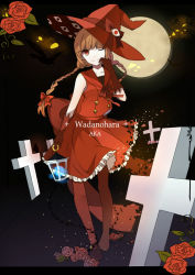 Rule 34 | 1girl, bad end, bad id, bad pixiv id, bow, braid, brown hair, character name, dark persona, elbow gloves, flower, full moon, funamusea, gloves, grave, hair bow, hand to own mouth, hat, hat bow, hat ribbon, lantern, long hair, moon, one eye closed, oounabara to wadanohara, pantyhose, red eyes, red flower, red gloves, red rose, red thighhighs, ribbon, roaldi, rose, sailor collar, sleeveless, solo, spoilers, thighhighs, twin braids, wadanohara, witch hat