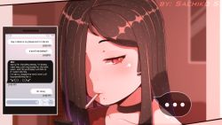 Rule 34 | 10s, 1girl, artist name, asymmetrical hair, blush, brown hair, character request, chat log, copyright request, eyebrows hidden by hair, fake phone screenshot, fake screenshot, jewelry, long hair, mole, mole under mouth, mouth hold, necklace, phone, portrait, red eyes, sachiko shirayuki, solo, source request, tagme