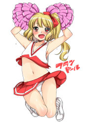 Rule 34 | 1girl, :d, absurdres, armpits, arms up, bad id, bad pixiv id, bare arms, bare shoulders, blonde hair, blush, bow, breasts, character name, cheerleader, collarbone, commentary request, crop top, eyes visible through hair, fang, flandre scarlet, full body, gluteal fold, groin, hair bow, happy, highres, jumping, karasuma yayoi, kneehighs, knees together feet apart, lace, lace-trimmed panties, lace trim, legs up, long hair, looking at viewer, medium breasts, miniskirt, navel, open mouth, panties, pantyshot, pleated skirt, pom pom (cheerleading), raised eyebrows, red bow, red eyes, red skirt, shirt, shoes, side ponytail, simple background, skirt, sleeveless, sleeveless shirt, slit pupils, smile, sneakers, socks, solo, stomach, sweat, thigh gap, touhou, underwear, v-neck, white background, white footwear, white panties, white socks