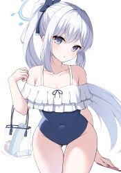 Rule 34 | 1girl, absurdres, bare arms, bare shoulders, black one-piece swimsuit, blue archive, blue halo, blush, collarbone, cowboy shot, frilled one-piece swimsuit, frills, grey hair, halo, highres, long hair, looking at viewer, miyako (blue archive), miyako (swimsuit) (blue archive), ncontrail (mgax7527), off-shoulder one-piece swimsuit, off shoulder, official alternate costume, one-piece swimsuit, parted lips, ponytail, purple eyes, simple background, solo, swimsuit, white background