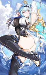 Rule 34 | 1girl, absurdres, armpits, arms up, ass, black footwear, black hairband, black thighhighs, blue hair, boots, breasts, brown eyes, commentary, eula (genshin impact), foot out of frame, genshin impact, hair between eyes, hairband, high heel boots, high heels, highres, large breasts, looking at viewer, medium hair, nui gurumi, parted lips, shirt, solo, thighhighs, torn clothes, torn shirt, white shirt