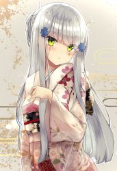 Rule 34 | 1girl, alternate costume, blunt bangs, blush, commentary request, eyes visible through hair, floral print, girls&#039; frontline, green eyes, highres, hk416 (girls&#039; frontline), japanese clothes, kimono, long hair, looking at viewer, rupe paperu, silver hair, solo, yukata