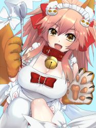 Rule 34 | 10s, 1girl, animal ears, bell, breasts, cleavage, collar, fangs, fate/extra, fate/grand order, fate (series), fox ears, fox tail, hair ribbon, large breasts, long hair, looking at viewer, mo253, neck bell, open mouth, pink hair, ribbon, solo, tail, tamamo (fate), tamamo cat (fate), tamamo cat (third ascension) (fate), tamamo no mae (fate/extra), yellow eyes