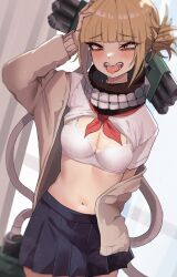 Rule 34 | 1girl, absurdres, arm behind back, arm up, bags under eyes, blonde hair, blunt bangs, blurry, blurry background, blush, boku no hero academia, bra, breasts, cardigan, clothes lift, commentary, cowboy shot, curtains, hand on own head, highres, long sleeves, looking at viewer, medium breasts, messy hair, miniskirt, navel, neckerchief, open cardigan, open clothes, open mouth, pleated skirt, raised eyebrows, red neckerchief, shirt, shirt lift, short sleeves, skirt, slit pupils, solo, toga himiko, tongue, tongue out, underwear, white bra, white shirt, yellow eyes, zd (pixiv6210083)