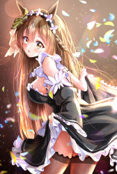 Rule 34 | 1girl, absurdres, alternate costume, animal ears, blurry, blurry background, blush, braid, breasts, brown background, commentary request, enmaided, highres, horse ears, horse girl, kakikakilemon, large breasts, long hair, looking at viewer, maid, open mouth, petals, satono diamond (umamusume), simple background, solo, sparkle, thighhighs, umamusume