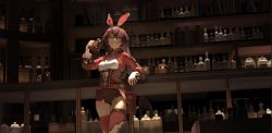 Rule 34 | 1girl, ^ ^, amber (genshin impact), animal ears, arm rest, beer mug, belt pouch, boots, bottle, bow, box, breasts, closed eyes, corset, counter, cowboy shot, cropped jacket, cup, dark, ear ribbon, elbows on table, facing viewer, genshin impact, grin, hair between eyes, hand up, highres, indoors, jacket, long hair, long sleeves, medium breasts, mug, no gloves, no goggles, pipilili, ponytail, pouch, rabbit ears, red jacket, red shorts, red thighhighs, shelf, short shorts, shorts, smile, solo, standing, thigh boots, thighhighs, white footwear, wine bottle