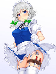 Rule 34 | 1girl, black ribbon, blue dress, blue eyes, blush, bow, braid, breasts, clothes lift, commentary, cowboy shot, daichi (tokoya), dress, dress lift, gloves, gradient background, green bow, grey background, hair bow, highres, holster, izayoi sakuya, knife, lifted by self, looking at viewer, maid, maid headdress, medium breasts, neck ribbon, panties, petticoat, puffy short sleeves, puffy sleeves, ribbon, short dress, short hair, short sleeves, silver hair, smile, solo, standing, thigh holster, thigh strap, thighhighs, thighs, touhou, twin braids, underwear, white background, white gloves, white panties, white thighhighs