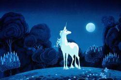 Rule 34 | animal, blue theme, fantasy, flower, full moon, horns, looking back, looking up, moon, moonlight, night, no humans, screencap, sky, standing, the last unicorn, the unicorn (the last unicorn), tree, unicorn, white hair