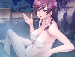 Rule 34 | 00s, 1girl, barefoot, bikini tan, braid, breasts, brown hair, censored, female pubic hair, game cg, happoubi jin, kuouzumi mika, large breasts, mosaic censoring, nipples, onsen, pubic hair, resort boin, short twintails, solo, tan, tanline, twin braids, twintails, water