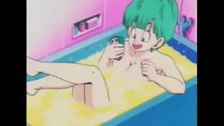 Rule 34 | 1girl, animated, animated gif, bath, bathroom, bathtub, bent over, blue eyes, breasts, bubble, bulma, censored, censored nipples, convenient censoring, dragon ball, dragonball z, green hair, looking down, lowres, namek, nude, open mouth, short hair, sitting, solo, talking