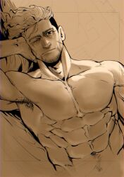Rule 34 | 1boy, abs, armpit hair, armpits, bara, brown theme, cropped torso, golden kamuy, highres, kasuke (li tgknk), looking at viewer, loose hair strand, lying, male focus, mature male, navel, nude, obliques, ogata hyakunosuke, on bed, on side, one eye closed, pectorals, pov across bed, short hair, sleepy, solo, thick eyebrows, toned, undercut, upper body