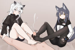 Rule 34 | 1boy, 2girls, absurdres, animal ears, arknights, bar censor, barefoot, black hair, black nails, black pantyhose, blush, censored, cum, double footjob, erection, feet, footjob, highres, lappland (arknights), material growth, multiple girls, oripathy lesion (arknights), pantyhose, penis, projectile cum, scar, scar across eye, tail, texas (arknights), toenails, toes, two-footed footjob, white hair, wl217 (nicexa111), wolf ears, wolf girl, wolf tail
