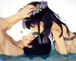 Rule 34 | 1boy, 1girl, bad id, bad pixiv id, black hair, blush, couple, closed eyes, flower wreath, hand on another&#039;s head, hetero, highres, lingmuzi, long hair, looking at another, lying, original, short hair, smile, water