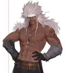 Rule 34 | 1boy, :d, absurdres, bara, braid, cowboy shot, dark-skinned male, dark skin, facial mark, final fantasy, final fantasy xiv, gloves, headband, highres, hyur, jewelry, long hair, looking at viewer, lyon rem helsos, male focus, mature male, muscular, muscular male, necklace, old, old man, open mouth, sabbat 0, scar, scar on face, scar on nose, side braid, smile, tooth necklace, tribal, white background, white hair, white headband