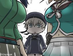 Rule 34 | +++, 10s, 3girls, blue hair, breast envy, breasts, brown hair, clothes writing, commentary, dated, dress, german clothes, hamu koutarou, hat, japanese clothes, kantai collection, large breasts, maya (kancolle), miniskirt, multiple girls, pleated skirt, remodel (kantai collection), sailor dress, sailor hat, silver hair, skirt, souryuu (kancolle), twintails, z1 leberecht maass (kancolle)