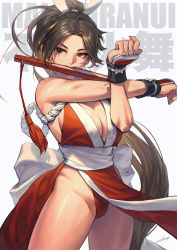 Rule 34 | 1girl, artist name, bare shoulders, breasts, brown eyes, brown hair, character name, cleavage, fatal fury, folded fan, folding fan, hair ornament, hand fan, hichi, highres, holding, japanese clothes, large breasts, long hair, mouth hold, ninja, parted bangs, pelvic curtain, ponytail, revealing clothes, rope, shiny skin, shiranui mai, signature, simple background, sleeveless, snk, solo, stretching, the king of fighters, thighs, underwear, white background