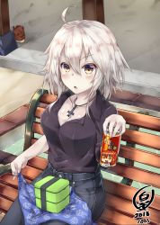 Rule 34 | 1girl, ahoge, alternate costume, bench, black pants, blouse, blush, breasts, buttons, can, casual, caustics, cleavage, collarbone, collared shirt, commentary request, contemporary, cross, cross necklace, dated, day, drink can, fate/grand order, fate (series), fujimaru ritsuka (female), hair between eyes, hand up, handkerchief, highres, holding, holding can, jeanne d&#039;arc (fate), jeanne d&#039;arc alter (avenger) (fate), jeanne d&#039;arc alter (fate), jewelry, looking at viewer, lunchbox, medium breasts, necklace, ourah ikuzus, outdoors, pants, park bench, parted lips, pillar, purple shirt, shadow, shirt, shirt tucked in, short hair, signature, silver hair, sitting, soda can, solo, v-shaped eyebrows, yellow eyes