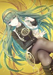 Rule 34 | 1girl, absurdres, black pantyhose, black skirt, cleopatra (fate), crossed legs, fate/grand order, fate (series), floating hair, green eyes, green hair, hairband, highres, ice (ice), jewelry, long hair, looking at viewer, miniskirt, pantyhose, parted lips, ring, skirt, solo, very long hair, yellow background, yellow hairband