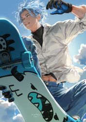 Rule 34 | 1boy, action, blue eyes, blue hair, cloud, from below, gloves, hasegawa langa, highres, jane mere, jumping, male focus, midriff, navel, realistic, short hair, signature, sk8 the infinity, skateboard, skateboarding, sky, sleeves pushed up, smile, solo