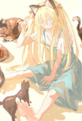Rule 34 | 1girl, :&lt;, animal, animal ears, barefoot, between legs, black cat, blonde hair, blue dress, blue eyes, c4 art, cat, cat ears, closed mouth, colored eyelashes, dress, fake animal ears, genshiken, hair between eyes, hair ribbon, hairband, hand between legs, highres, holding, holding hair, long hair, pinafore dress, pink hairband, pink ribbon, ribbon, shadow, shirt, short sleeves, sitting, sleeveless, sleeveless dress, susanna hopkins, two side up, v-shaped eyebrows, very long hair, white shirt