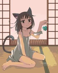 Rule 34 | 1girl, animal ears, barefoot, bell, camisole, cat ears, cat girl, cat tail, chemise, child, dress, feet, female focus, ikura hato, lowres, original, sitting, solo, strap slip, tail, tatami, wariza, wind chime