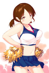Rule 34 | 10s, 1girl, alternate breast size, alternate costume, bare shoulders, blew andwhite, blush, bouncing breasts, breasts, brown eyes, brown hair, cheerleader, gradient background, heart, highres, kantai collection, large breasts, looking at viewer, low twintails, navel, parted bangs, pleated skirt, polka dot, polka dot background, pom pom (cheerleading), shirayuki (kancolle), short hair, skirt, smile, solo, twintails